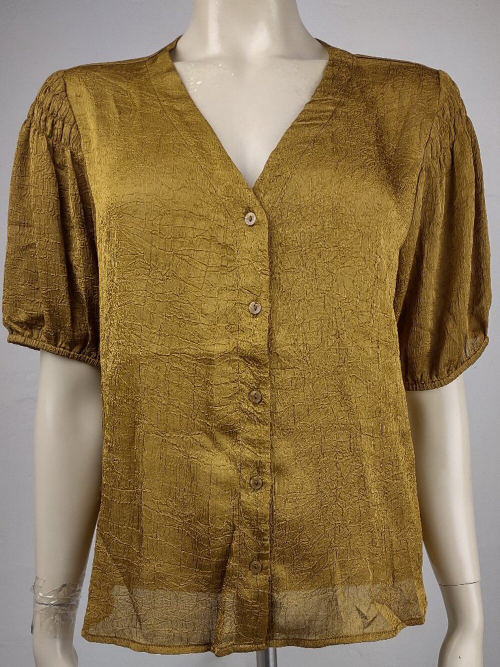 NWT Pleione olive green textured V-Neck short sleeve blouse top ladies Large